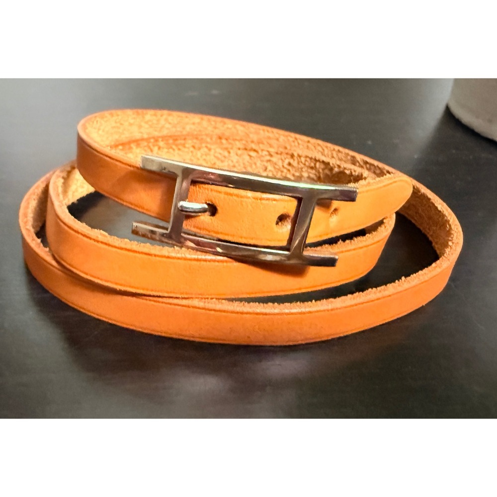 Hermes Unisex Leather Cognac Bracelet Silver H Buckle Square G w/ COA - Picture 3 of 9